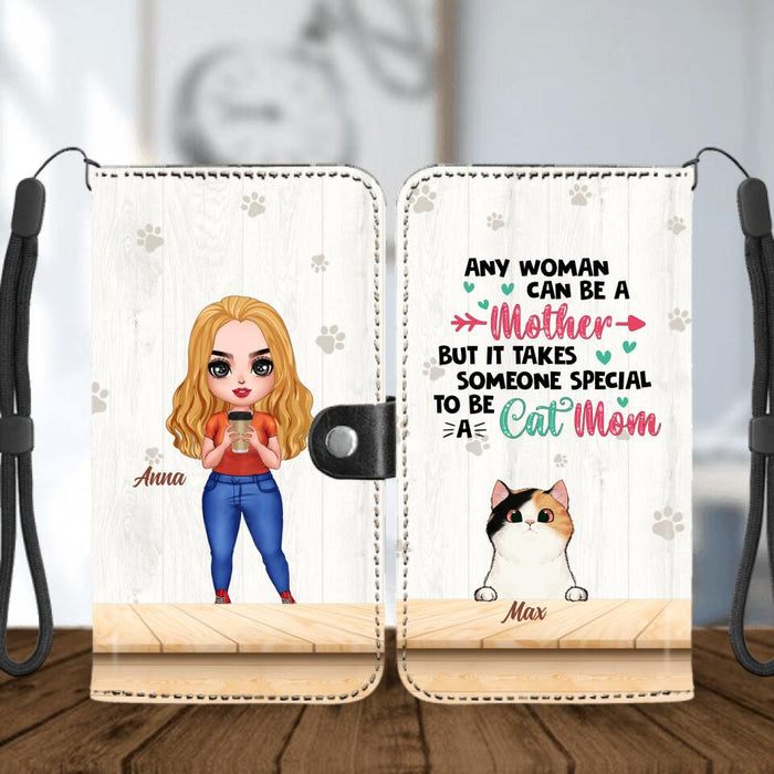 Custom Personalized Cat Mom Chibi Flip Leather Purse - Gift Idea For Mother's Day/ Cat Lovers With Upto 6 Cats - Any Woman Can Be A Mother But It Takes Someone Special To Be A Cat Mom