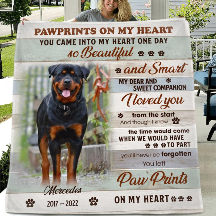 Custom Photo Dog Quilt/Single Layer Fleece Blanket  - Memorial Gift For Dog Lovers - You Left Pawprints On My Heart