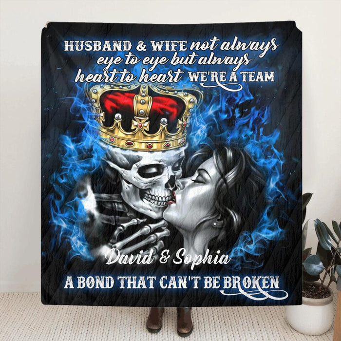 Custom Personalized Skull Couple Quilt/Single Layer Fleece Blanket - Gift Idea For Couple - Husband & Wife Not Always Eye To Eye But Always Heart To Heart