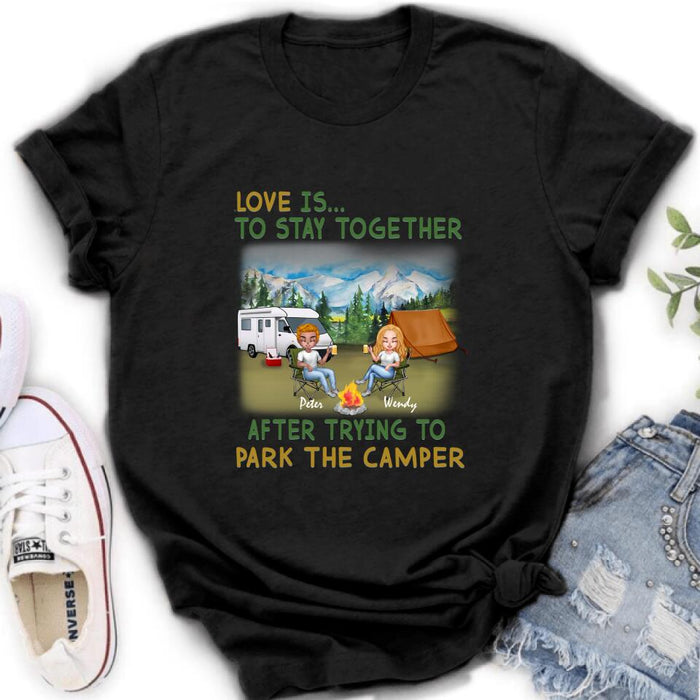 Custom Personalized Camping Couple Chibi Shirt/ Pullover Hoodie - Couple With Upto 2 Dogs - Gift Idea For Dog/ Camping Lover - Love Is To Stay Together