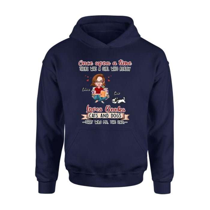 Custom Personalized Reading Girl Shirt/ Pullover Hoodie/ Sweatshirt/ Long Sleeve - Girl With Upto 4 Pets - Gift Idea For Book/ Cat/ Dog Lover - Loves Books, Cats And Dogs That Was Me