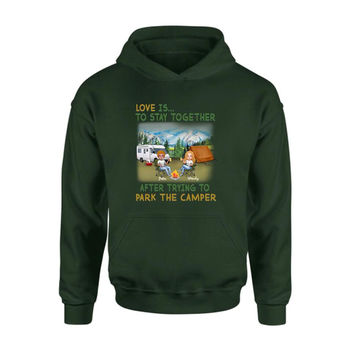 Custom Personalized Camping Couple With Dog Shirt/ Pullover Hoodie - Couple With Upto 3 Dogs - Gift Idea For Dog/ Camping Lover - Home Is Where We Park It