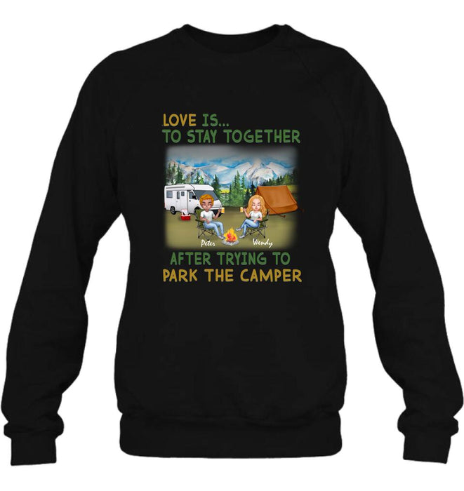 Custom Personalized Camping Couple With Dog Shirt/ Pullover Hoodie - Couple With Upto 3 Dogs - Gift Idea For Dog/ Camping Lover - Home Is Where We Park It