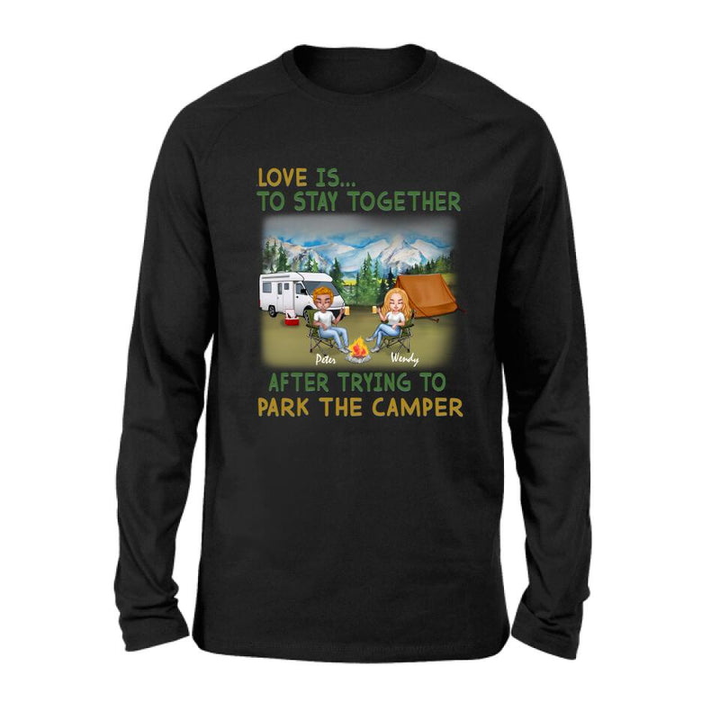 Personalized Camping Couple With Dog Shirt/Pullover Hoodie - Couple With Up to 3 Dogs - Gift Idea For Dog/Camping Lover - Home Is Where We Park It