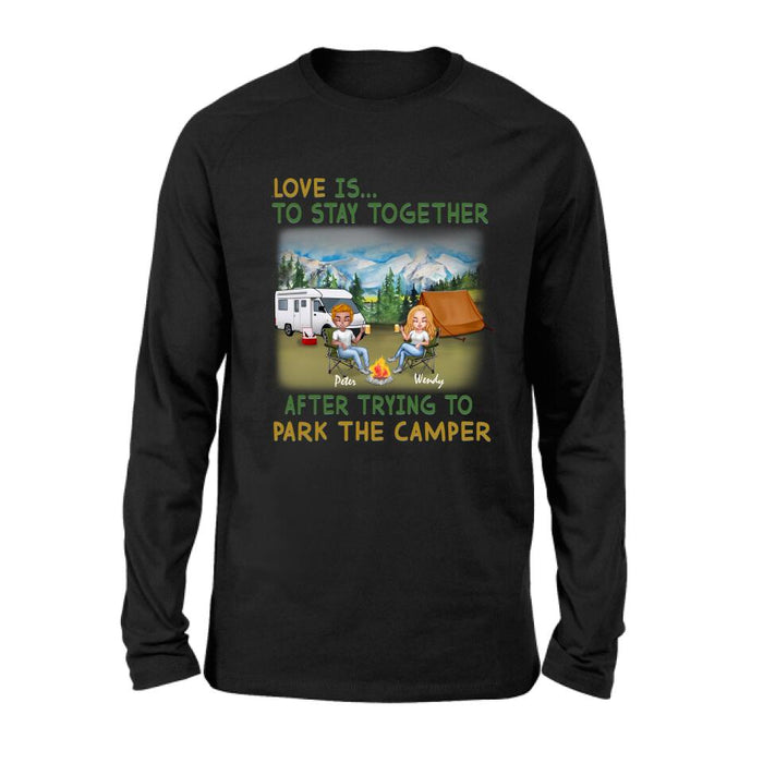 Custom Personalized Camping Couple With Dog Shirt/ Pullover Hoodie - Couple With Upto 3 Dogs - Gift Idea For Dog/ Camping Lover - Home Is Where We Park It