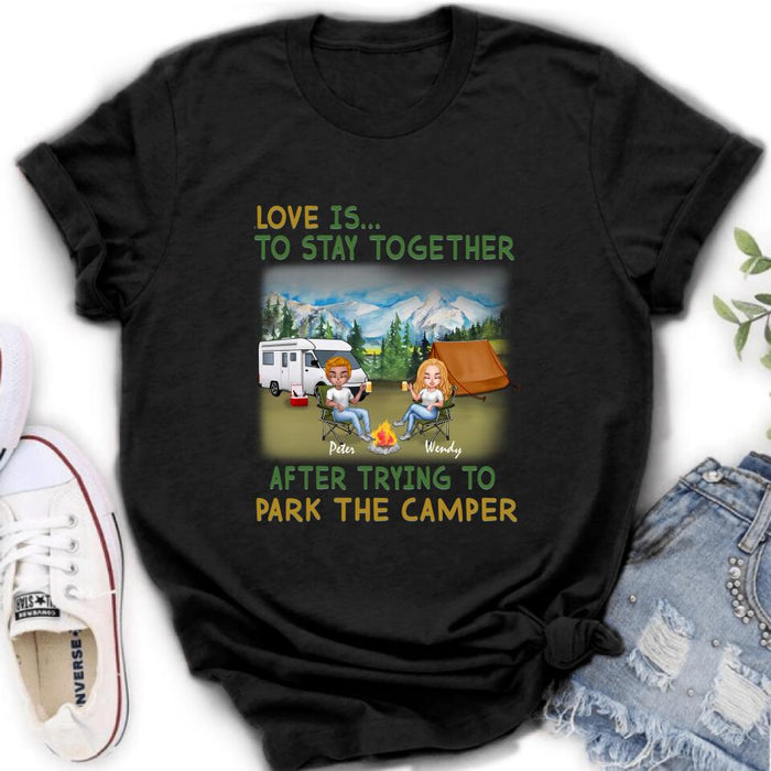 Custom Personalized Camping Couple With Dog Shirt/ Pullover Hoodie - Couple With Upto 3 Dogs - Gift Idea For Dog/ Camping Lover - Home Is Where We Park It