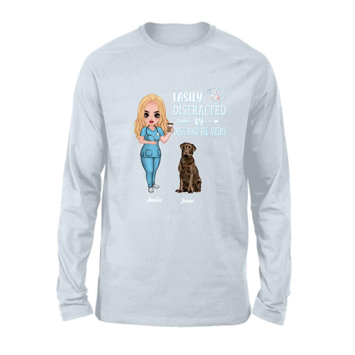 Personalized Nurse Dog Mom Shirt/Pullover Hoodie - Up to 5 Dogs - Gift Idea For Dog Lovers - Easily Distracted By Dogs And Big Veins