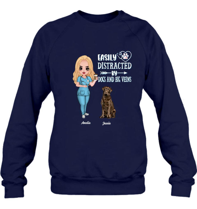 Personalized Nurse Dog Mom Shirt/Pullover Hoodie - Up to 5 Dogs - Gift Idea For Dog Lovers - Easily Distracted By Dogs And Big Veins