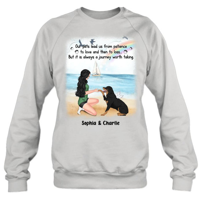 Custom Personalized Dog Mom Shirt/ Hoodie - Memorial Gift For Dog Mom/ Dog Lover - Our pets lead us from patience to love and then to loss