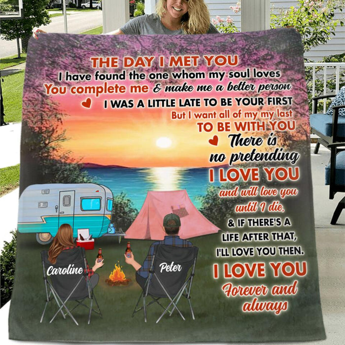 Custom Personalized Couple Camping Pillow Cover & Fleece/ Quilt Blanket - Couple With Up to 3 Pets - Gift Idea For Camping Lover - I Love You Forever And Always