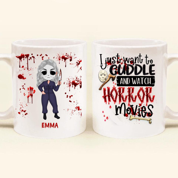 Custom Personalized Cuddle And Watch Horror Movies Coffee Mug - Halloween Gift For Girls