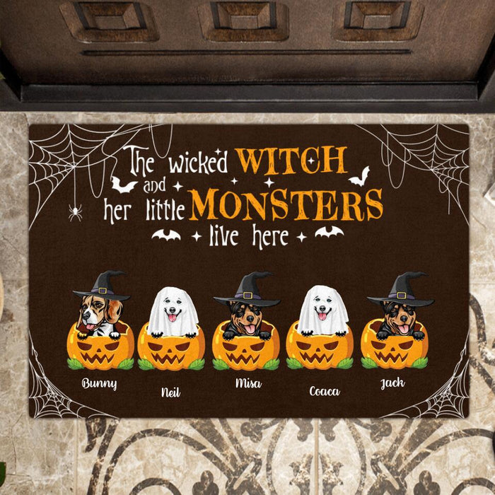 Custom Personalized Halloween Dogs Doormat - Upto 5 Dogs - The Wicked Witch And Her Little Monsters  Live Here Halloween