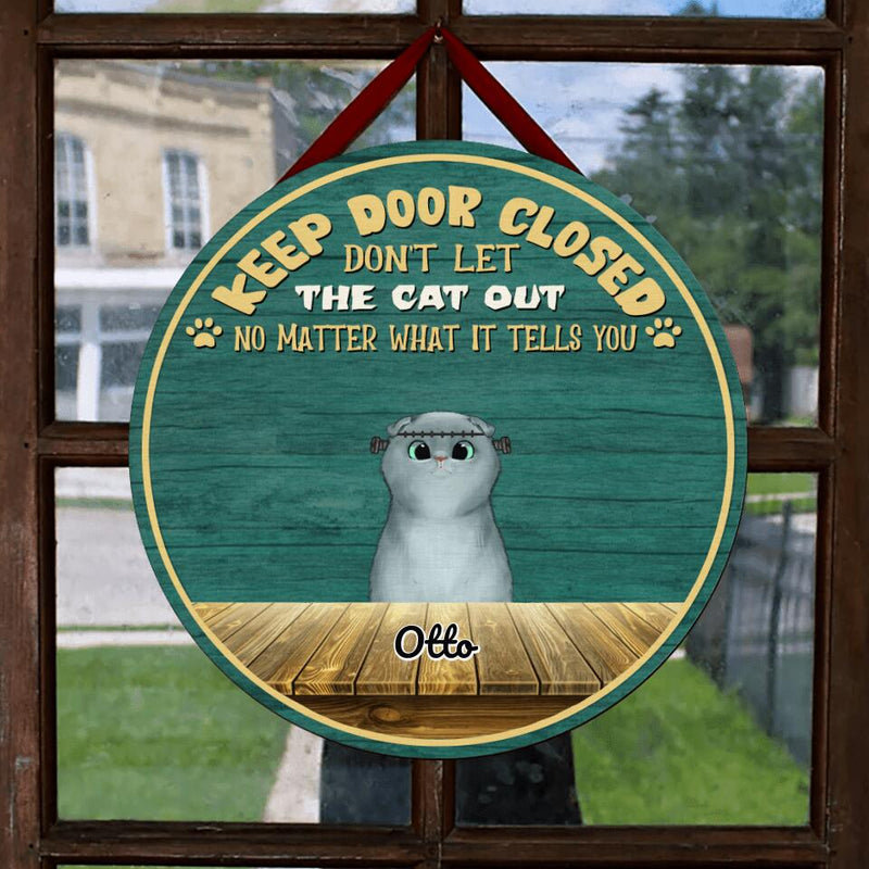 Personalized Halloween Cats Wooden Sign - Up to 5 Cats - Halloween Gift Idea For Cat Lovers - Keep Door Closed Don't Let The Cat Out
