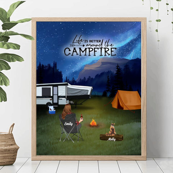 Custom Personalized Night Camping Poster - Best Gift Idea For The Whole Family/Couple/Solo - Camping Family/Couple/Solo With Upto 6 Pets - Life Is Better Around The Campfire