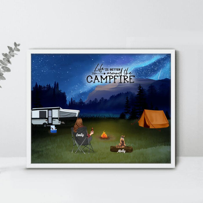 Custom Personalized Night Camping Poster - Best Gift Idea For The Whole Family/Couple/Solo - Camping Family/Couple/Solo With Upto 6 Pets - Life Is Better Around The Campfire