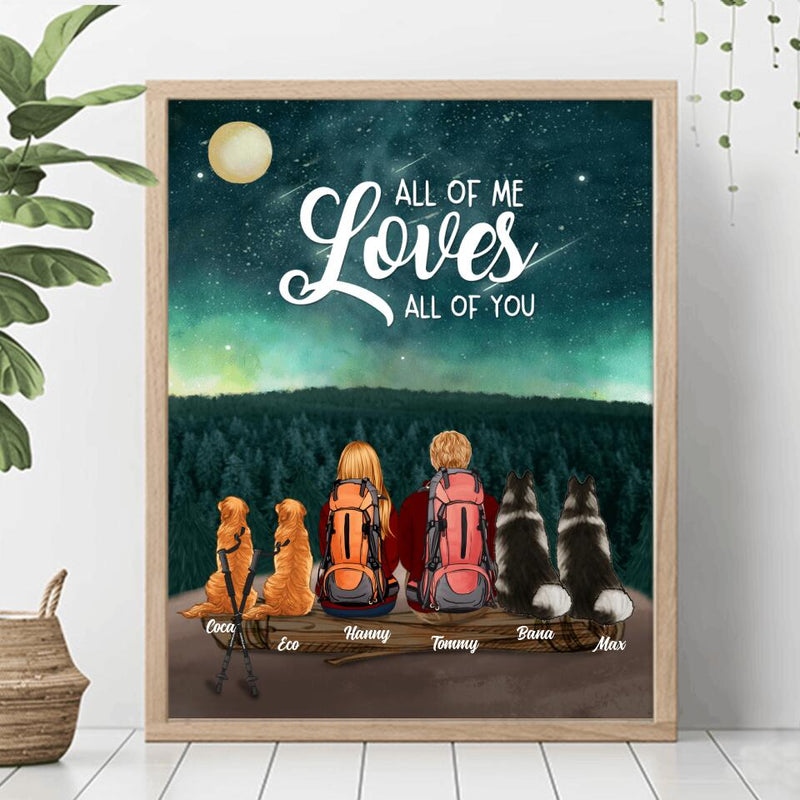 Personalized Camping Poster - Gift for Couples, Camping Lovers, Dog Lovers - Camping Couple and Dogs Poster - Up to 4 Dogs - All of me loves all of you