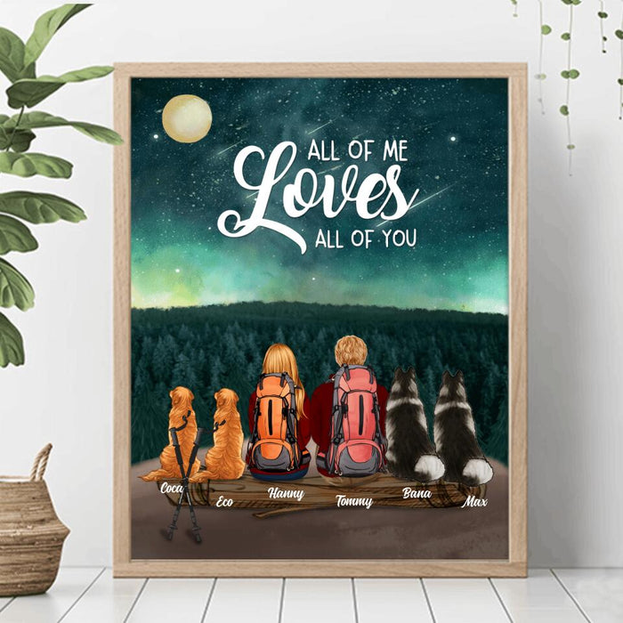 Custom Personalized Camping Poster - Gift for Couples, Camping Lovers, Dog Lovers - Camping Couple and Dogs Poster - Up to 4 Dogs - All of me loves all of you