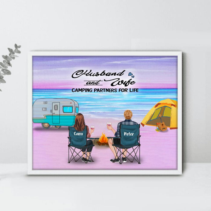 Custom Personalized Beach Camping Poster - Couple/ Parents With Upto 3 Kids And 4 Pets - Gift Idea For Couple/ Family/ Camping Lover - Husband And Wife Camping Partners For Life