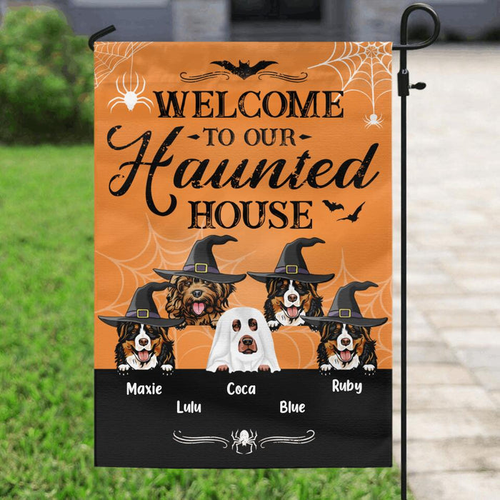 Custom Personalized Dog Flag Sign - Gift Idea For Halloween/ Dog Lover with up to 5 Dogs - Welcome To Our Haunted House