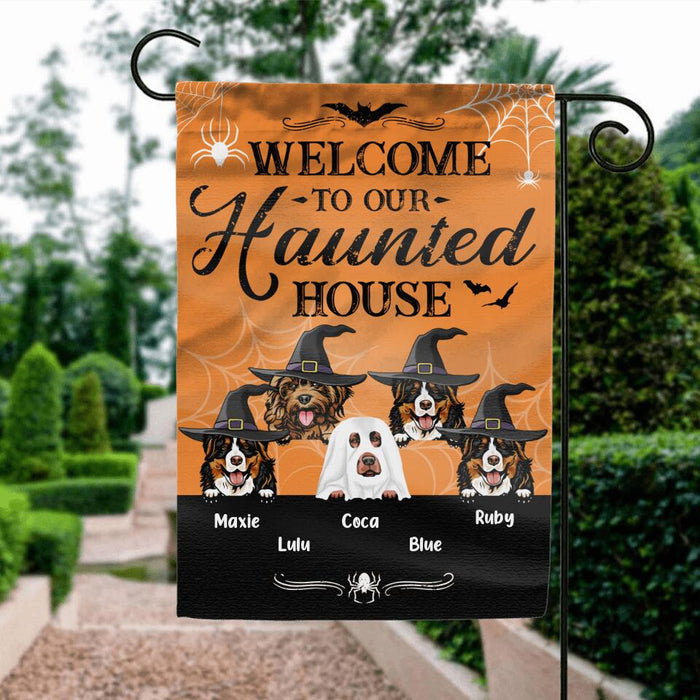 Custom Personalized Dog Flag Sign - Gift Idea For Halloween/ Dog Lover with up to 5 Dogs - Welcome To Our Haunted House