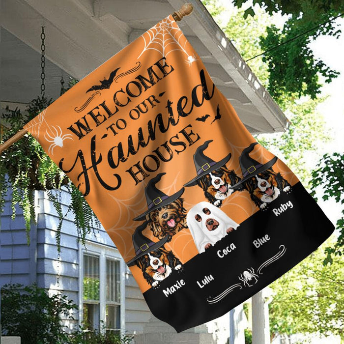 Custom Personalized Dog Flag Sign - Gift Idea For Halloween/ Dog Lover with up to 5 Dogs - Welcome To Our Haunted House