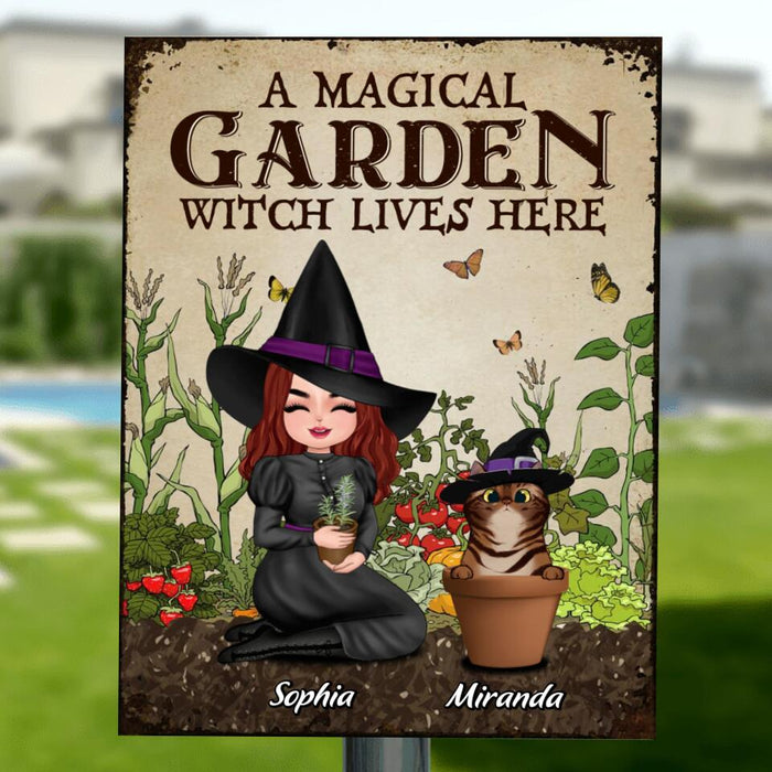 Custom Personalized Garden Witch Metal Sign - Upto 5 Cats - Halloween Gift Idea For Cat Lovers/Wiccan Decor/Pagan Decor - A Magical Garden Witch Lives Here