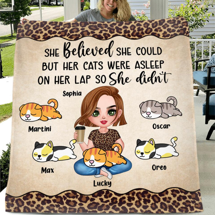 Custom Personalized Cat Mom Single Layer Fleece/ Quilt - Gift Idea For Cat Owner with up to 5 Cats - Her Cats Were Asleep On Her Lap