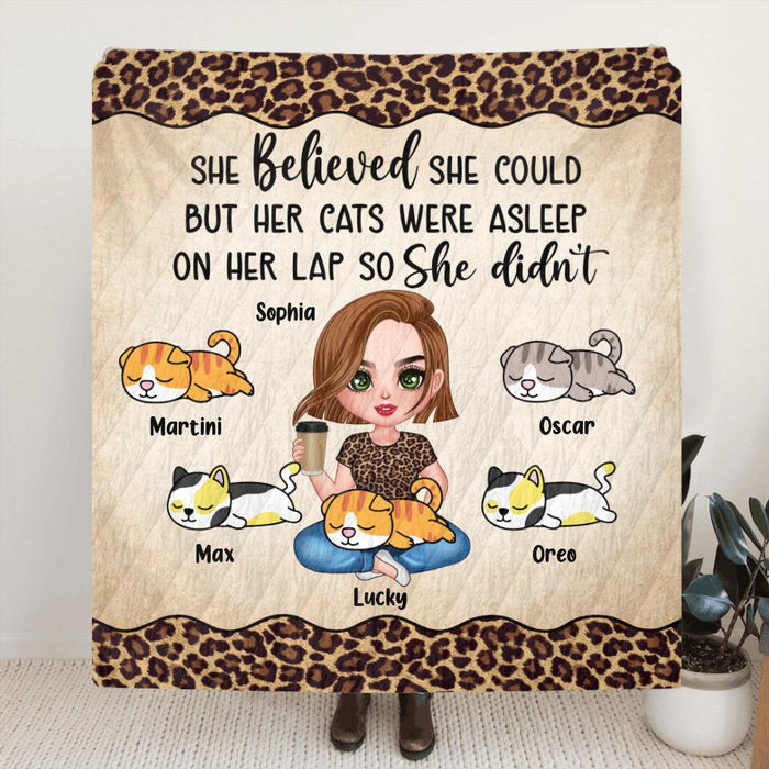 Custom Personalized Cat Mom Single Layer Fleece/ Quilt - Gift Idea For Cat Owner with up to 5 Cats - Her Cats Were Asleep On Her Lap