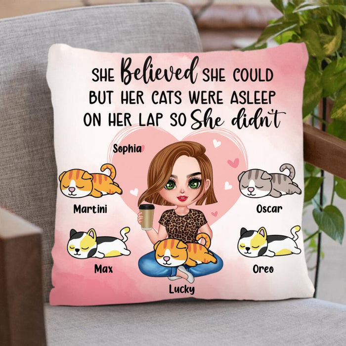 Custom Personalized Cat Mom Pillow Cover - Gift Idea For Cat Owner with up to 5 Cats - Her Cats Were Asleep On Her Lap