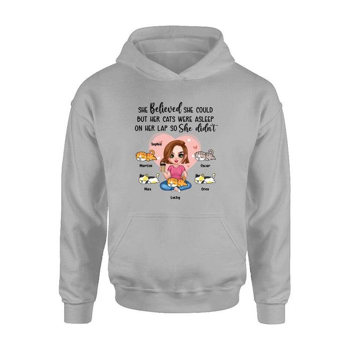 Custom Personalized Cat Mom Shirt/Hoodie - Gift Idea For Cat Owner with up to 5 Cats - Her Cats Were Asleep On Her Lap