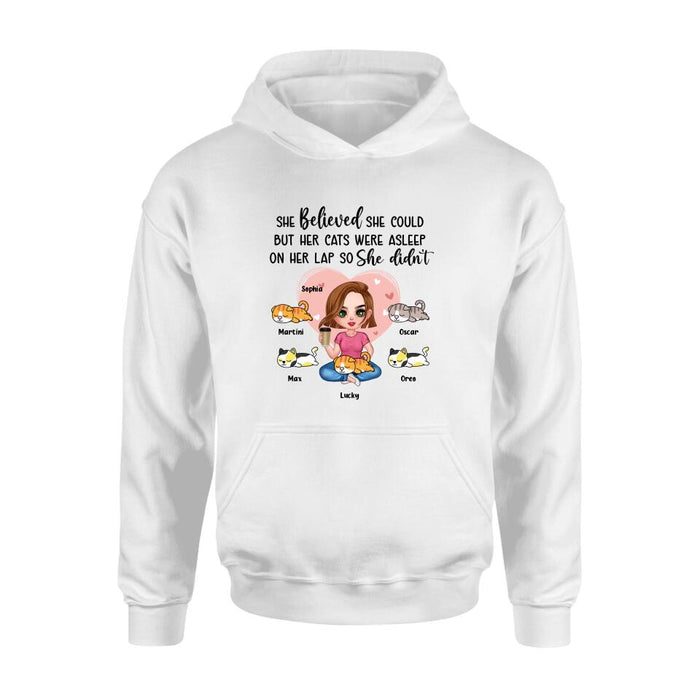 Custom Personalized Cat Mom Shirt/Hoodie - Gift Idea For Cat Owner with up to 5 Cats - Her Cats Were Asleep On Her Lap