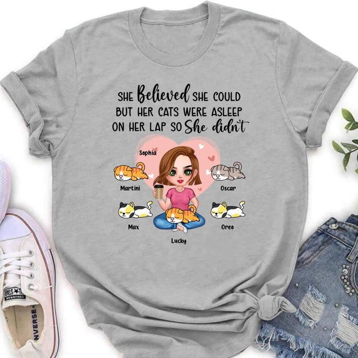 Custom Personalized Cat Mom Shirt/Hoodie - Gift Idea For Cat Owner with up to 5 Cats - Her Cats Were Asleep On Her Lap