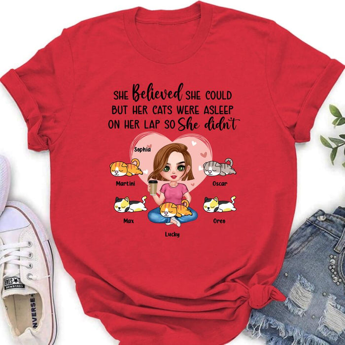 Custom Personalized Cat Mom Shirt/Hoodie - Gift Idea For Cat Owner with up to 5 Cats - Her Cats Were Asleep On Her Lap