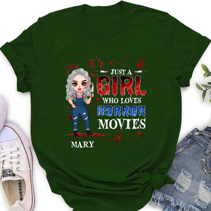 Custom Personalized Halloween Shirt/ Hoodie - Gift Idea For Halloween - Just A Girl Who Loves Horror Movies