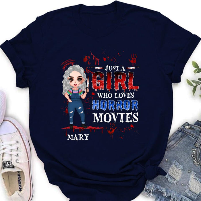 Custom Personalized Halloween Shirt/ Hoodie - Gift Idea For Halloween - Just A Girl Who Loves Horror Movies