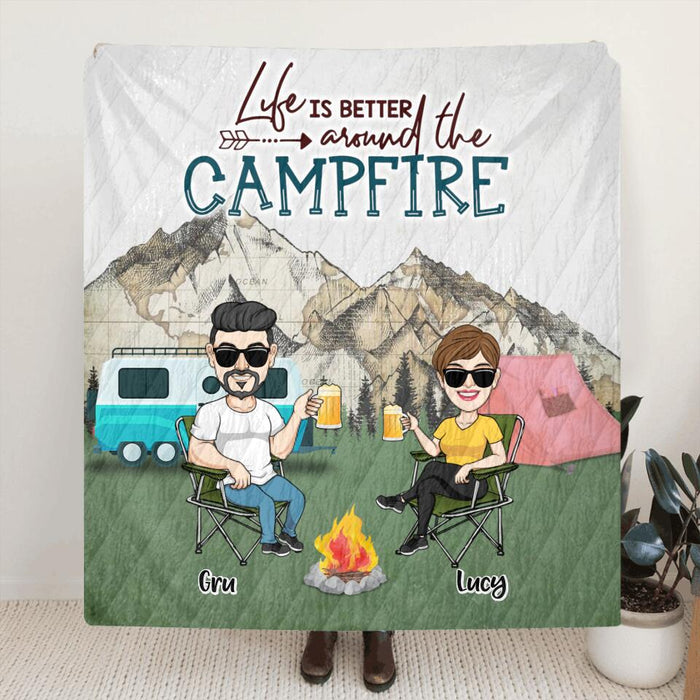 Custom Personalized Camping Couple Fleece/ Quilt Blanket - Couple With Upto 4 Dogs - Gift Idea For Camping/ Dog Lover - Life Is Better Around The Campfire