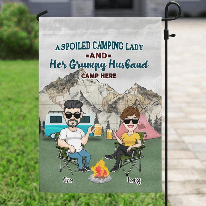 Custom Personalized Camping Couple Flag - Couple With Upto 4 Dogs - Gift Idea For Camping/ Dog Lover - A Spoiled Camping Lady And Her Grumpy Husband Camp Here