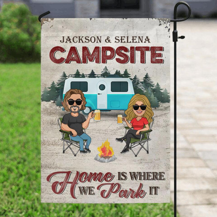 Custom Personalized Camping Couple Flag Sign - Couple With Upto 4 Dogs - Gift Idea For Couple/ Camping Lover - Home Is Where We Park It