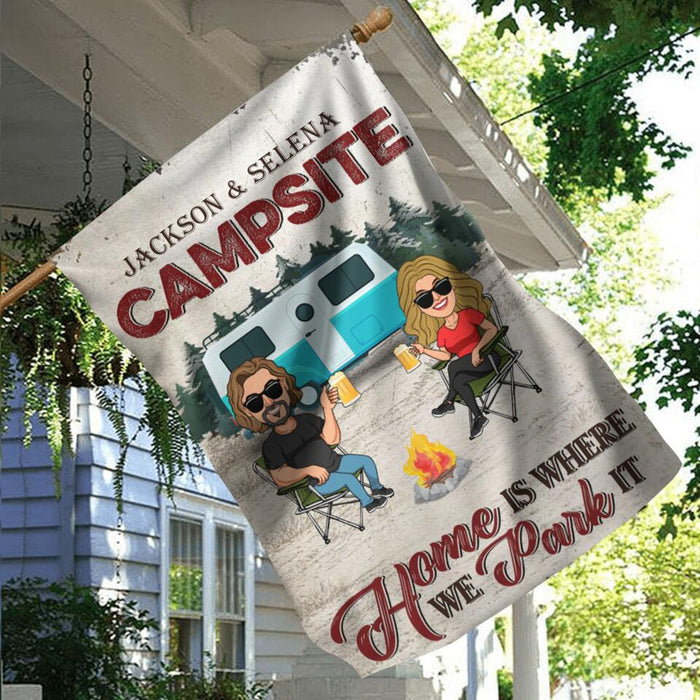 Custom Personalized Camping Couple Flag Sign - Couple With Upto 4 Dogs - Gift Idea For Couple/ Camping Lover - Home Is Where We Park It