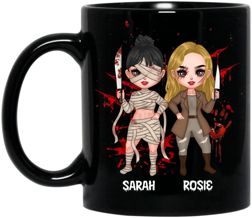 Custom Personalized Besties Coffee Mug - Halloween Gift for Best Friends - Up to 4 Besties - Come play with us forever and ever and ever