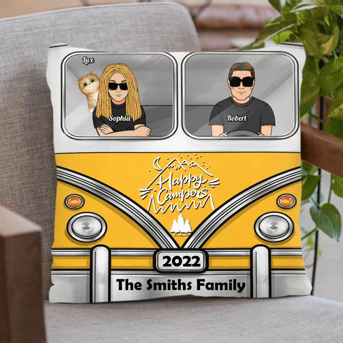 Custom Personalized Happy Campers Pillow Cover & Fleece/ Quilt Blanket - Parents, Single Parent With Upto 3 Kids And 6 Pets - Camping Gift For Family Members, Campers, Dog/ Cat Lover