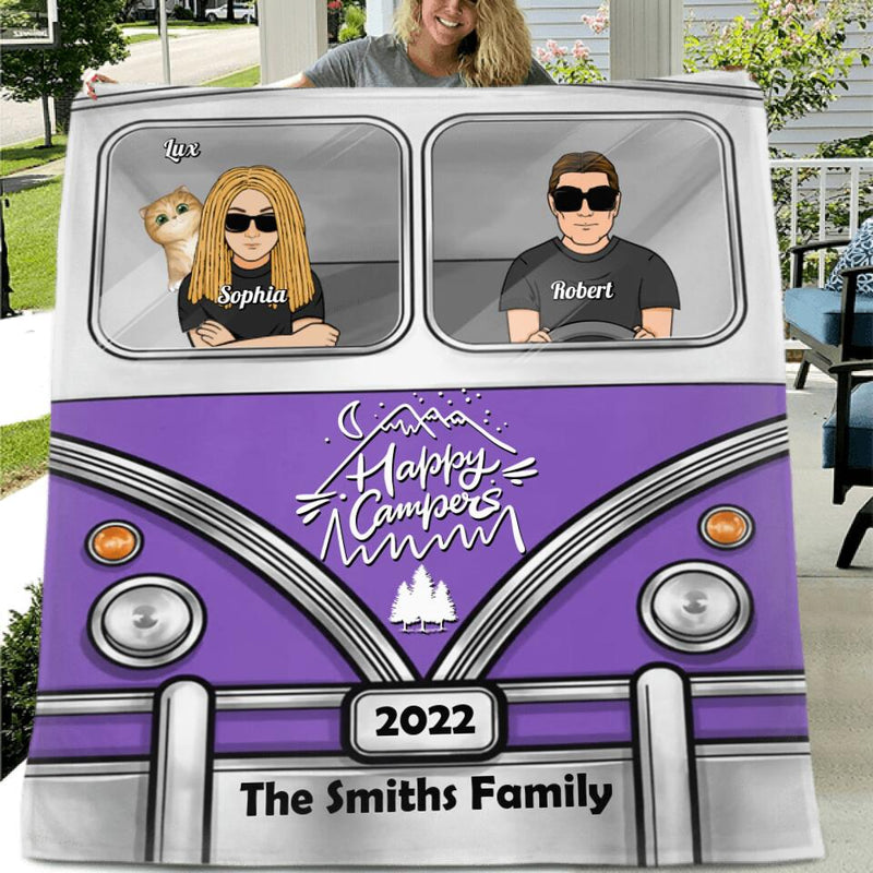 Personalized Happy Campers Pillow Cover/Fleece/Quilt Blanket - Parents, Single Parent With Up to 3 Kids And 6 Pets - Camping Gift For Family Members/Campers/Dog/Cat Lover