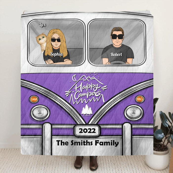 Custom Personalized Happy Campers Pillow Cover & Fleece/ Quilt Blanket - Parents, Single Parent With Upto 3 Kids And 6 Pets - Camping Gift For Family Members, Campers, Dog/ Cat Lover