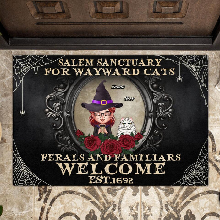 Custom Personalized Halloween Cat Mom Doormat - Upto 5 Cats - Halloween Gift For Cat Lovers/Wiccan Decor/Pagan Decor - Salem Sanctuary For Wayward Cats