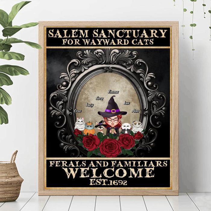 Custom Personalized Halloween Cat Mom Poster - Upto 5 Cats - Halloween Gift For Cat Lovers/Wiccan Decor/Pagan Decor - Salem Sanctuary For Wayward Cats