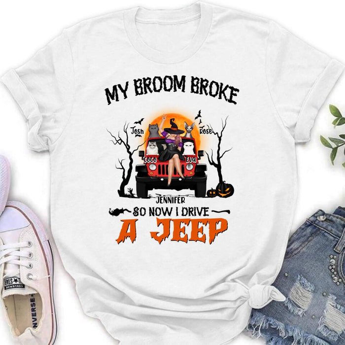 Custom Personalized Off-road Girl Shirt - Upto 4 Cats - Halloween Gift Idea For Off-road Lovers/Cat Lovers - My Broom Broke