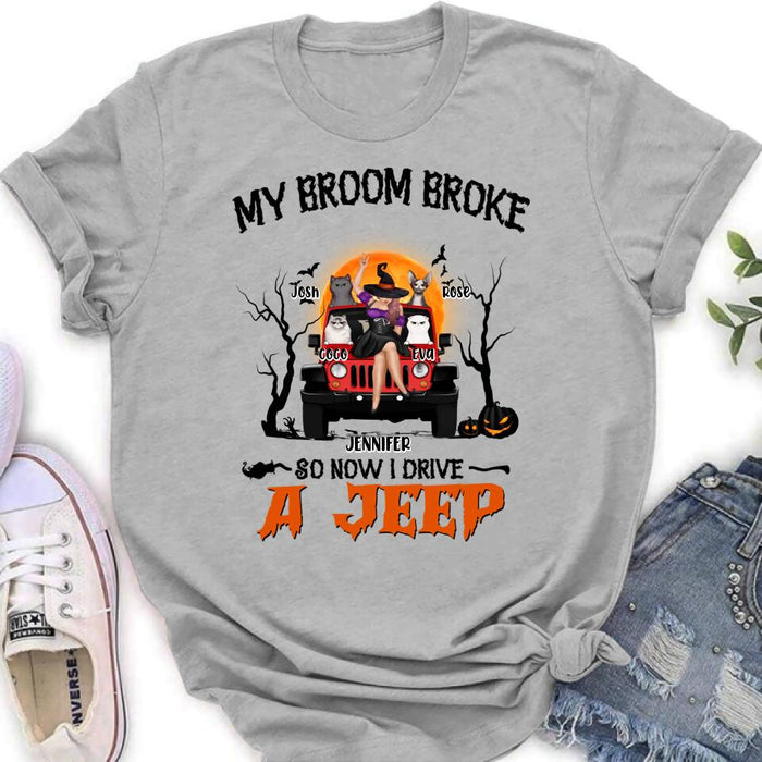 Custom Personalized Off-road Girl Shirt - Upto 4 Cats - Halloween Gift Idea For Off-road Lovers/Cat Lovers - My Broom Broke