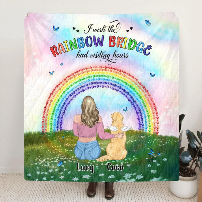 Custom Personalized Dog, Cat Memorial Fleece/ Quilt Blanket - Upto 4 Pets - Memorial Gift For Dog/ Cat Lover - I Wish The Rainbow Bridge Had Visiting Hours