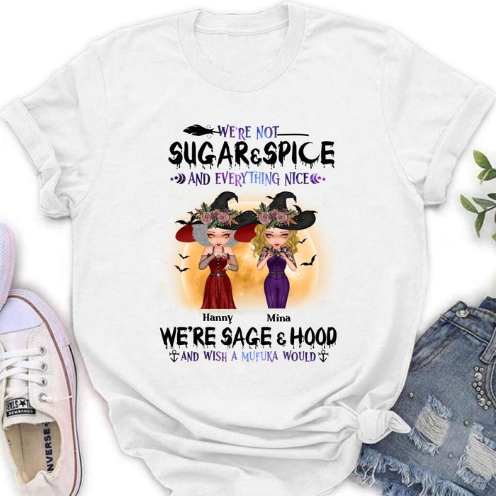 Custom Personalized Witches Shirt/ Hoodies - Upto 4 Girls - Halloween Gift For Friends/ Sisters/ Besties - We're Not Sugar & Spice