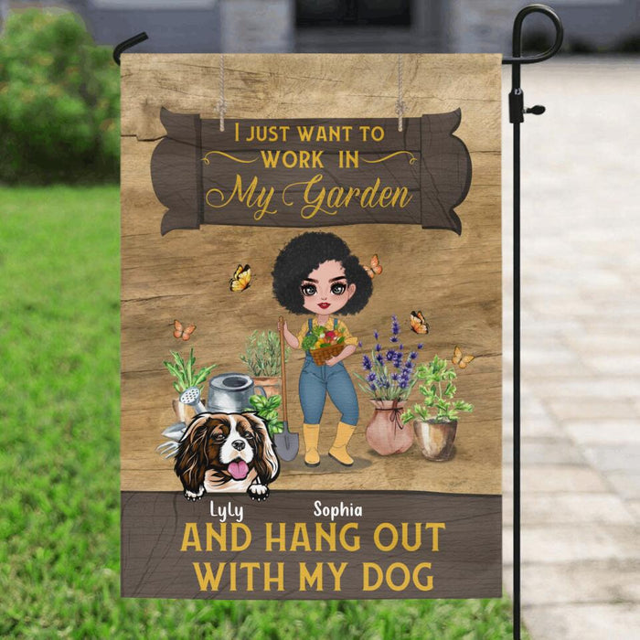 Personalized Gardening Girl Flag Sign - Gift Idea For Gardening Lover/ Dog Lover with up to 6 Dogs - I Just Want To Work In My Garden and Hang Out With My Dog